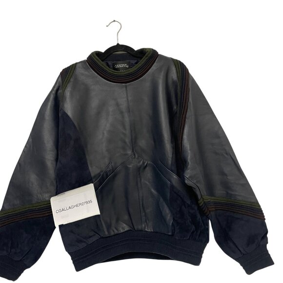VTG Saxony Mens Sweater Jacket Size M Genuine Leather Acrylic Black Knit Hip Hop - Picture 1 of 9